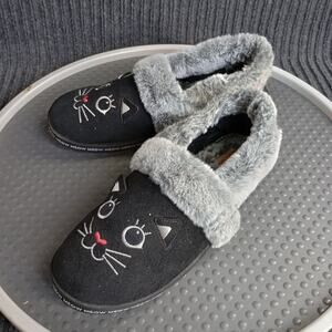 Bobs by Skechers Cat Slippers Womens 9 Black Plush Faux Fur Shoes